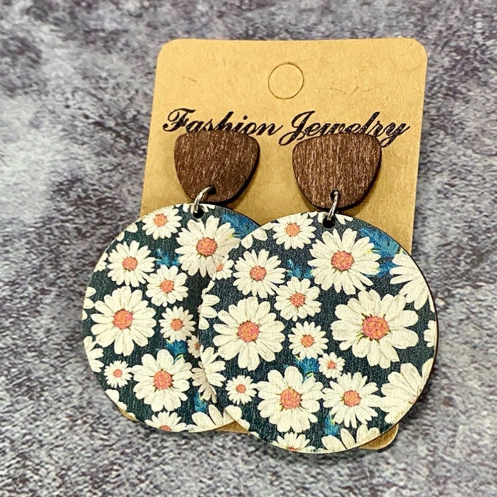 3For$20 Midnight Daisy Boho Floral Wooden Statement Earrings